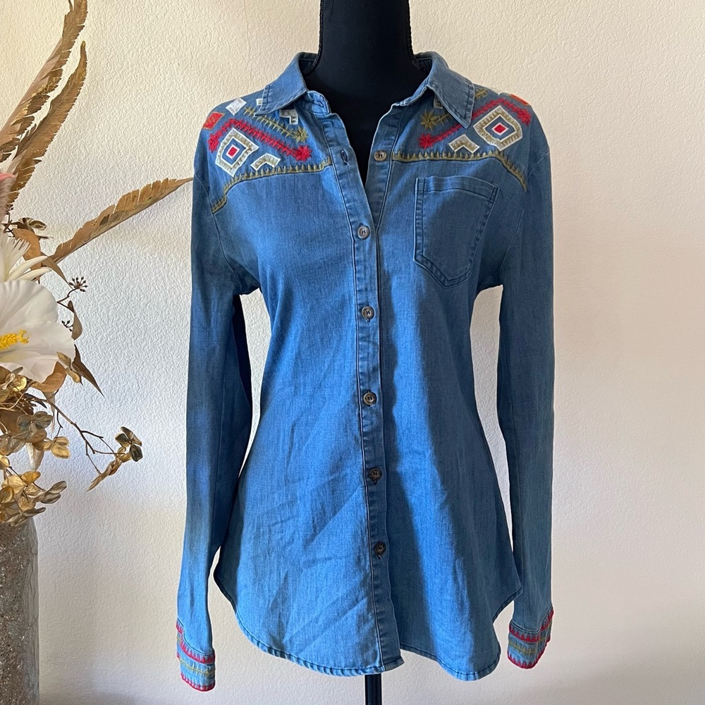 La Diosa Aztec Embroidered Denim Button-Up Long Sleeve Medium - Picture 1 of 11